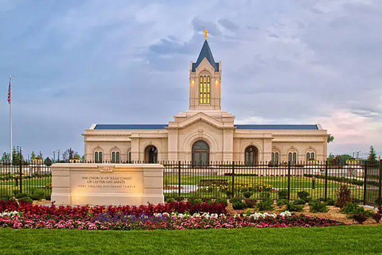 The Fort Collins Colorado Temple at sunrise on a cloudy day. The Church of Jesus Christ of Latter-Day Saints Temple in Fort Collins Colorado newly bulit Temple lit in the morning light